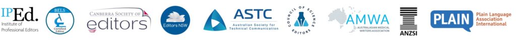 A strip of logos representing the professional memberships of the editor